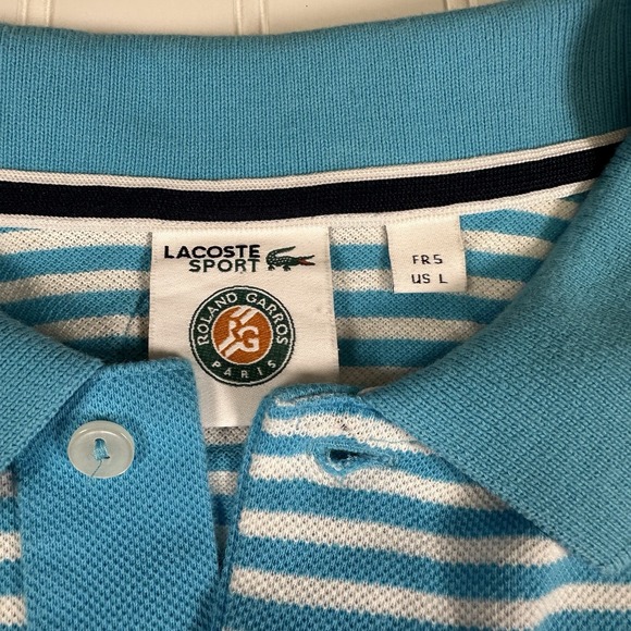 Lacoste Sport Polo Shirt Mens Large 5 Blue Striped Roland Garros Paris Golf - Picture 3 of 7